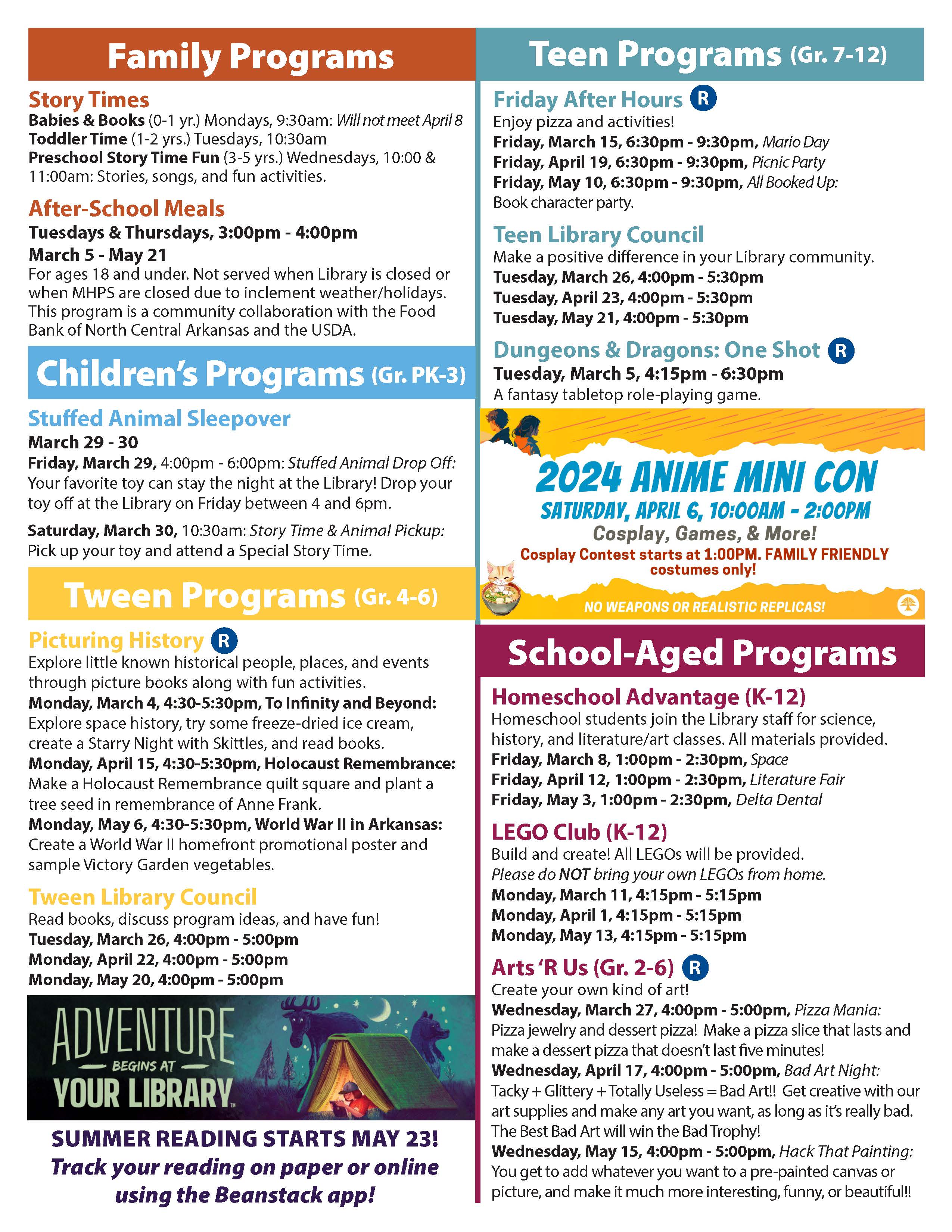 2024_Spring Program Guide page 3. Please call the Library for accessibility 870-580-0987 