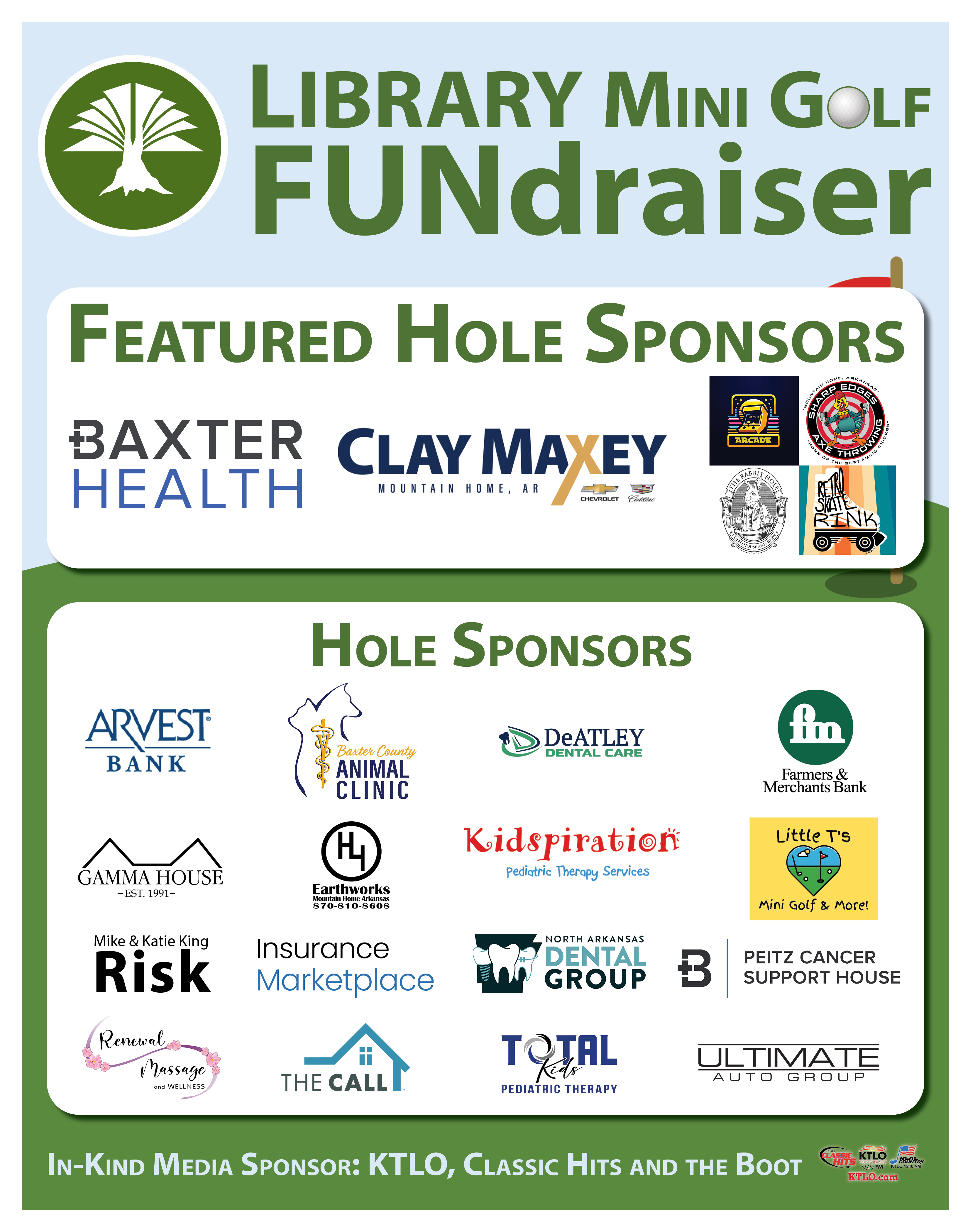 Library Mini Golf Fundraiser Hole Sponsors and their logos.